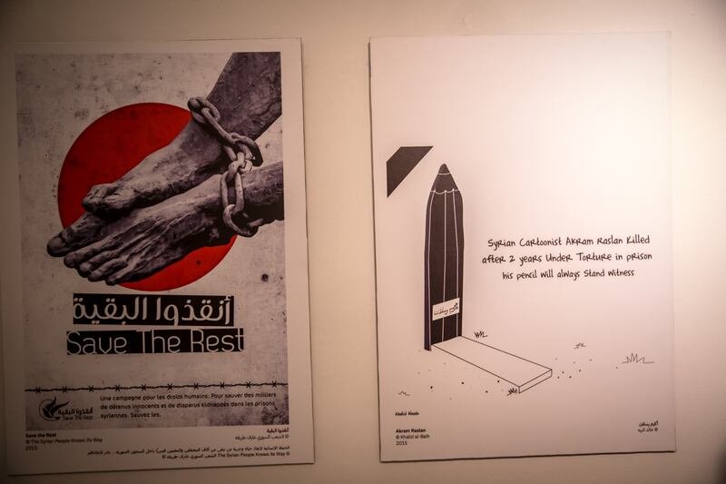 Art displayed in Damascus National Museum at an exhibition related to detainees and missing people.