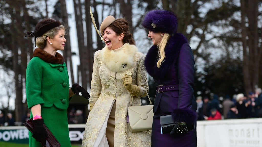 Catherine Lundon, Mullingar, Carol Kennelly, Tralee, Co Karry, and Louise Allen, Slane, Co Meath,  winners of the Monart Most Stylish Lady contest at the Leopardstown Christmas Festival, Dublin. Photograph: Dara Mac Donaill