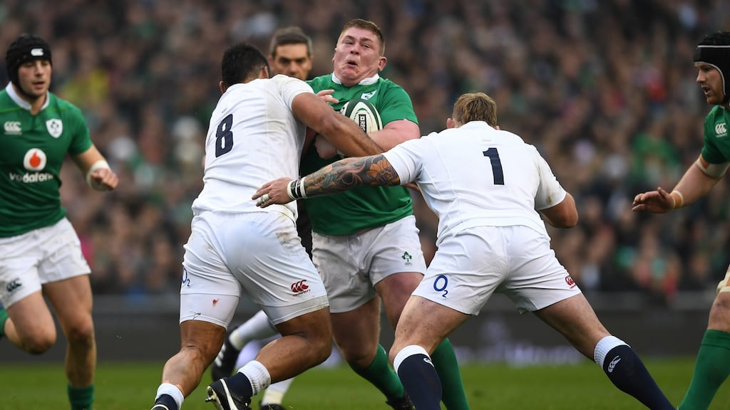 Ireland prop Tadhg Furlong is tackled by Billy Vunipola and Joe Marler of England during the sides recent Six Nations clash. Photograph: Shaun Botterill/Getty