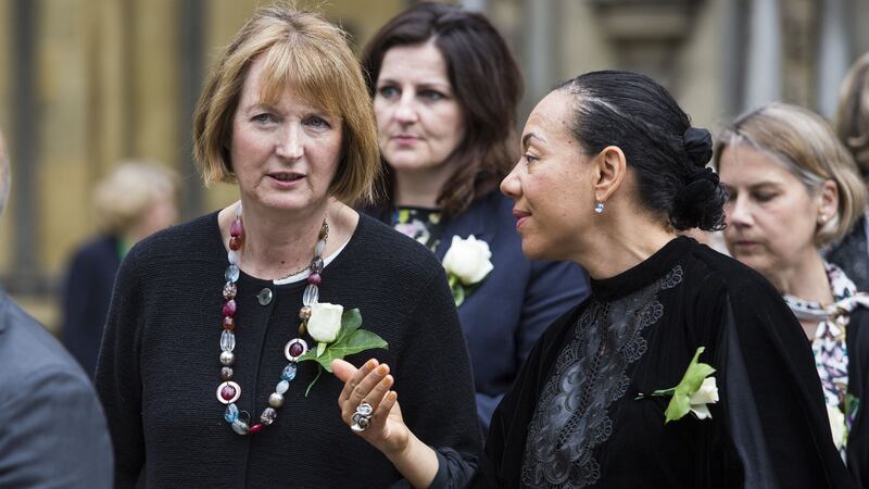 Harman  and Oona King, Baroness King of Bow,  arrive for a remembrance service for murdered Labour MP Jo Cox at St Margaret’s church in London on June 20th, 2016. Photograph: Jack Taylor/Getty Images