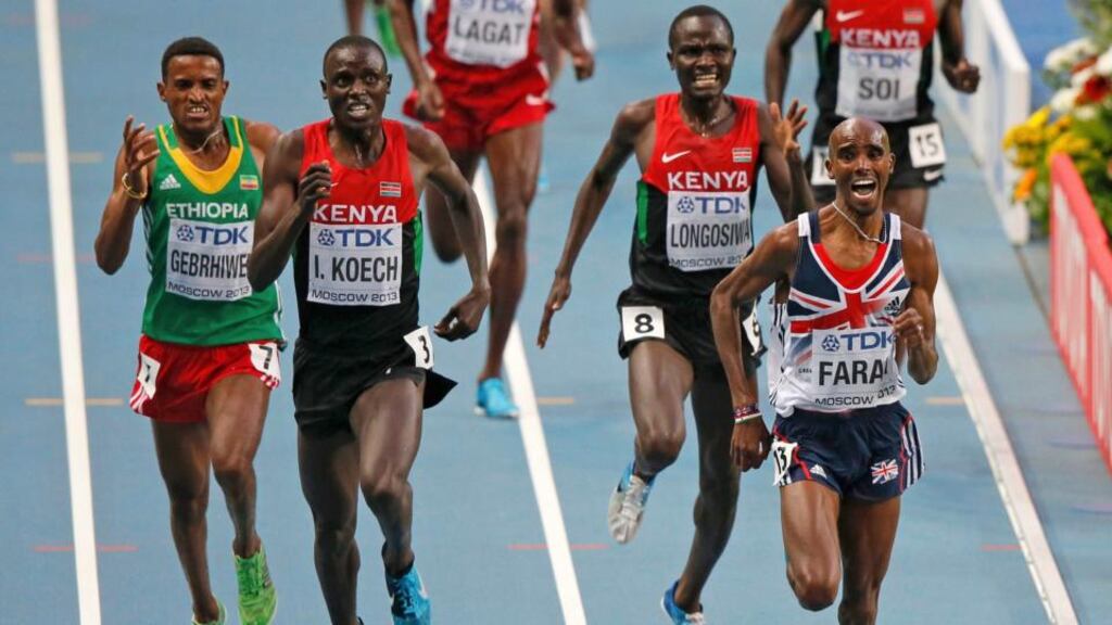 Mohamed Farah of Britain on his way to winning the 5,000 metres final at the world championships in the Luzhniki stadium in Moscow yesterday. Photograph: Phil Noble/Reuters.