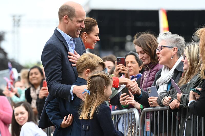 The Duke and Duchess of Cambridge, Prince George and Princess Charlotte meet well wishers during their visit to Cardiff Castle to meet performers and crew involved in the Platinum Jubilee Celebration Concert. Photograph: PA