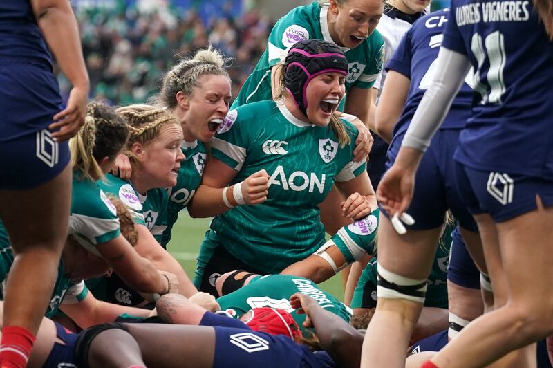 Ireland celebrate their third try against France in Saturday's Six Nations opener in Belfast. Photograph: Brian Lawless/PA Wire.