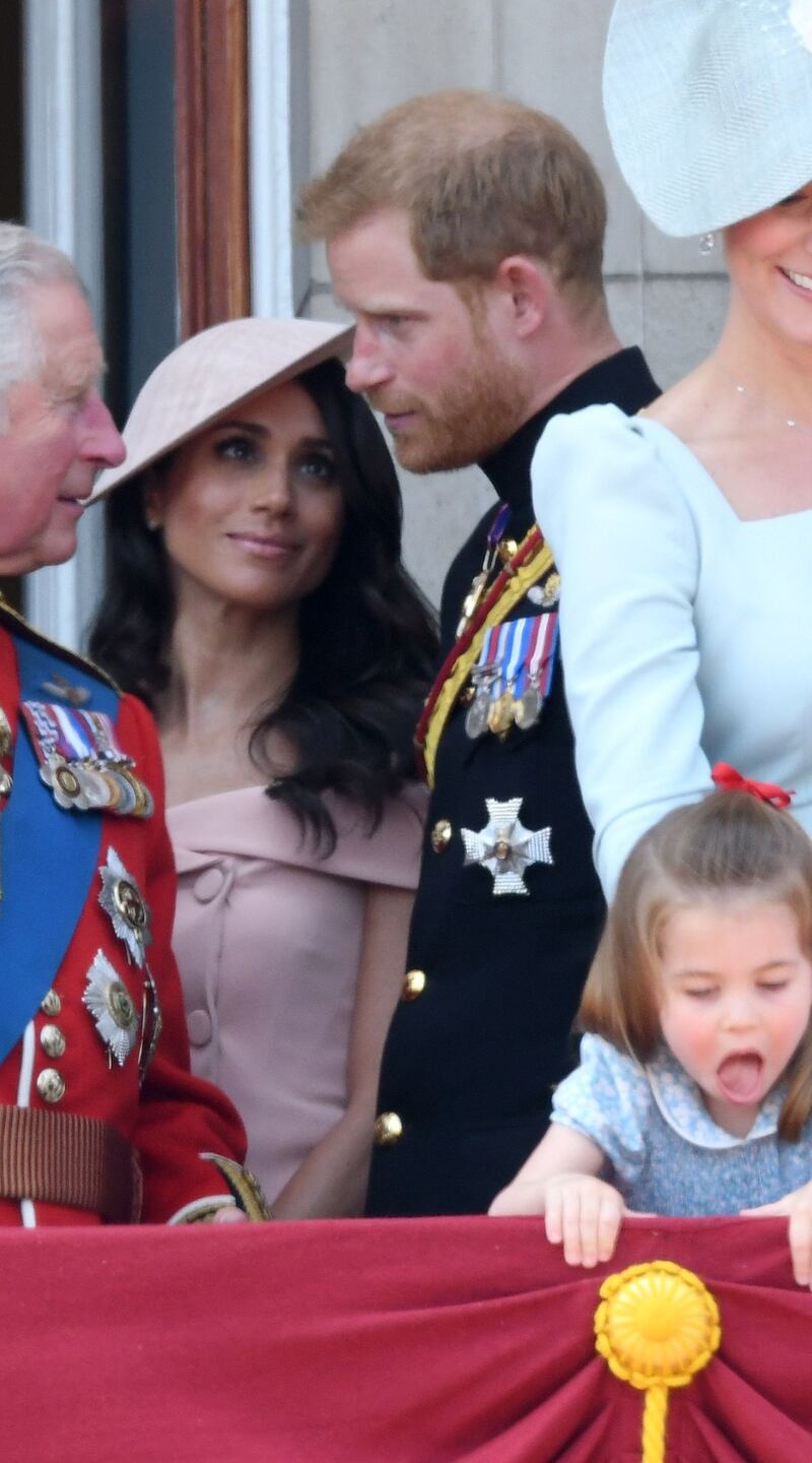 Royal rift: Meghan and Harry with Queen Elizabeth, Prince Charles, the duchess and duke of Cambridge, and other members of the British royal family at Buckingham Palace in 2018. Photograph: Karwai Tang/WireImage via Getty