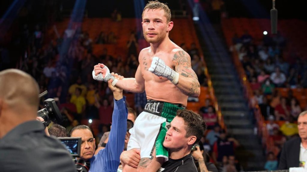 Carl Frampton celebrates winning the IBF Super Bantamweight World Title Fight at the Don Haskins Centre in El Paso, Texas. Photograph: INPHO/Presseye/Ivan Pierre Aguirre.