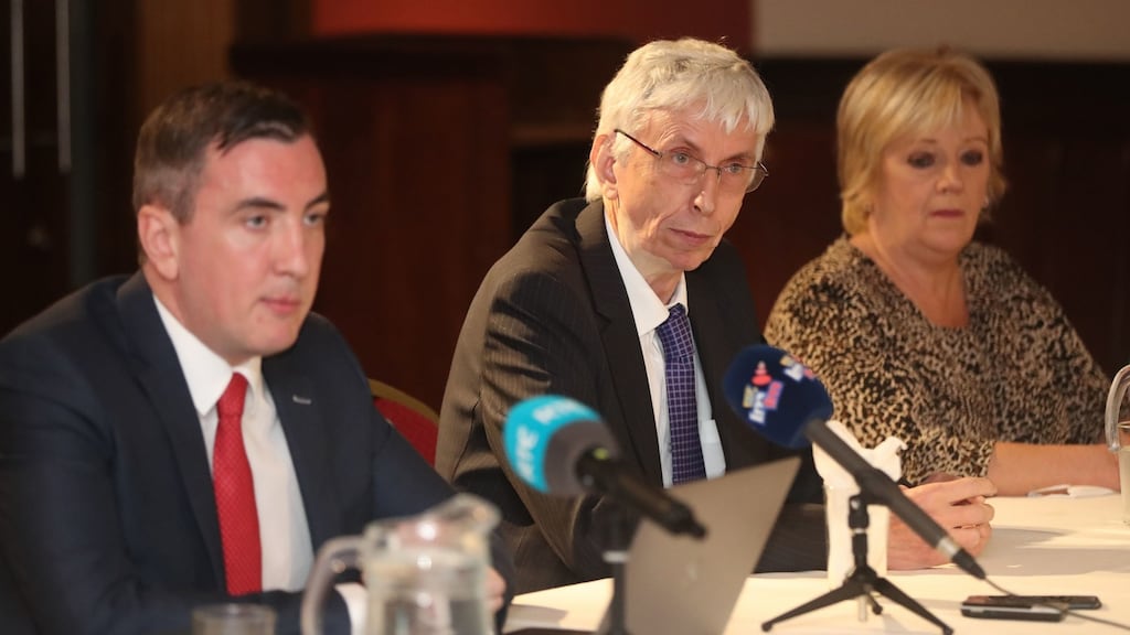 Solicitor Gavin Booth (left) and Seamus Ludlow’s relatives Michael Donegan and Eileen Boland speak to the media at the Lisdoo Arms in Dundalk, Co Louth on Tuesday. Photograph: Niall Carson/PA.