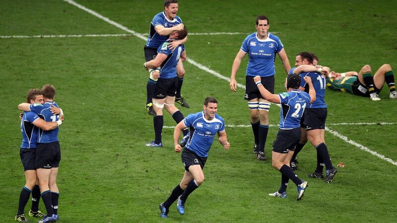 Leinster celebrate at the final whistle after their Heineken Cup final win over Northampton. Photograph: Dan Sheridan/Inpho