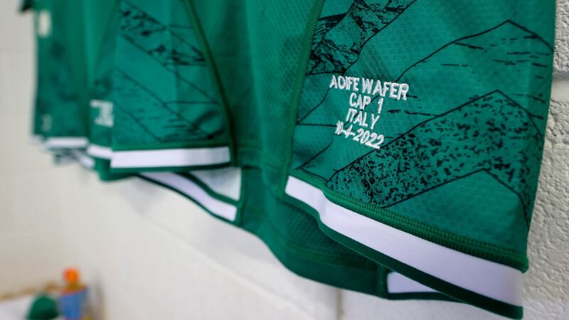 Aoife’s signed jersey from her first cap will soon have pride of place in the Wafer household in Wexford. Photograph: Ryan Byrne/Inpho