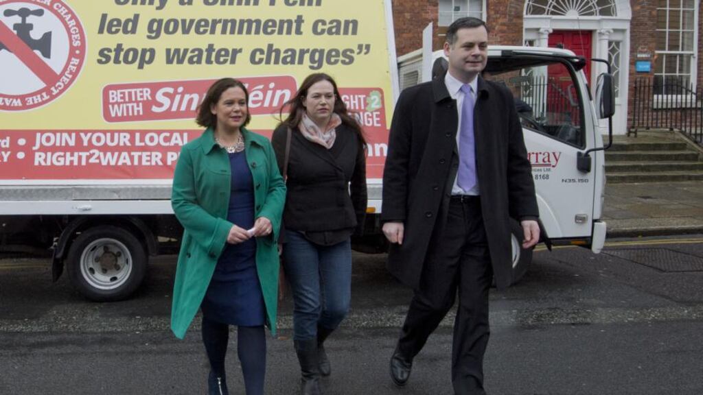 Mary Lou McDonald, Pearse Doherty and newly elected TD Louise O’Reilly, who comes from a trade union background. Photograph: Brenda Fitzsimons