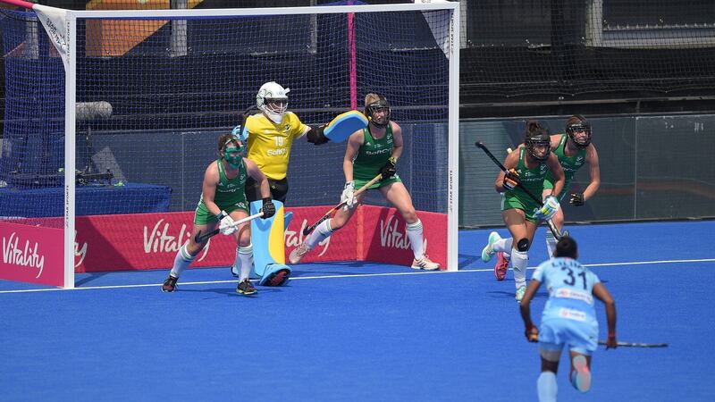 Ireland prepare to defend a penalty corner against India. Photograph: Joe Toth/Inpho