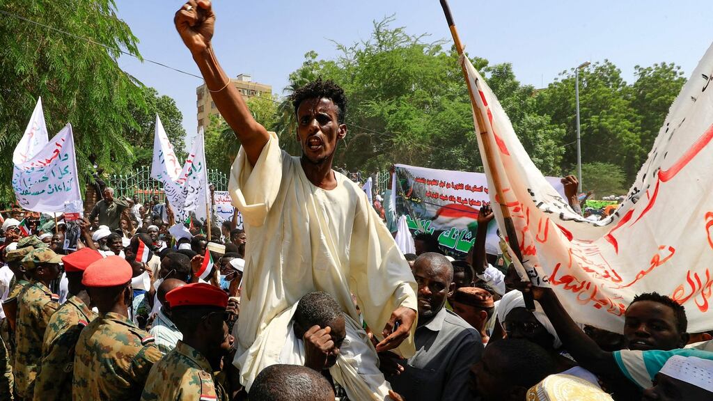 Sudanese protesters demand the dissolution of the transitional government in Khartoum. Photograph: Ashraf Shazly