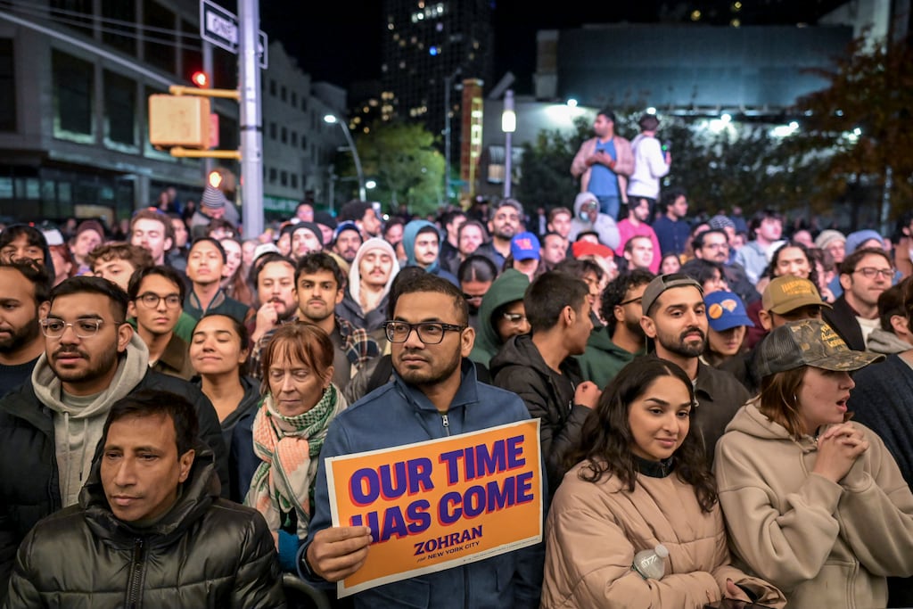 Supporters of Zohran Mamdani listen to his victory speech in Brooklyn, Nov 4, 2025. Photograph: Victor J. Blue/The New York Times