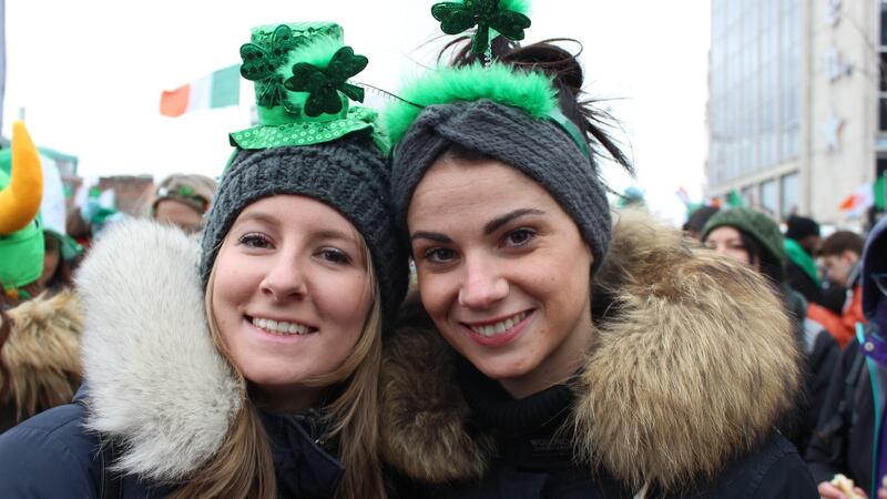 Jessica Tassan and Camilla Ponzona (right), from Milan, at the St Patrick’s Day parade in Dublin. Photograph: Jack Power
