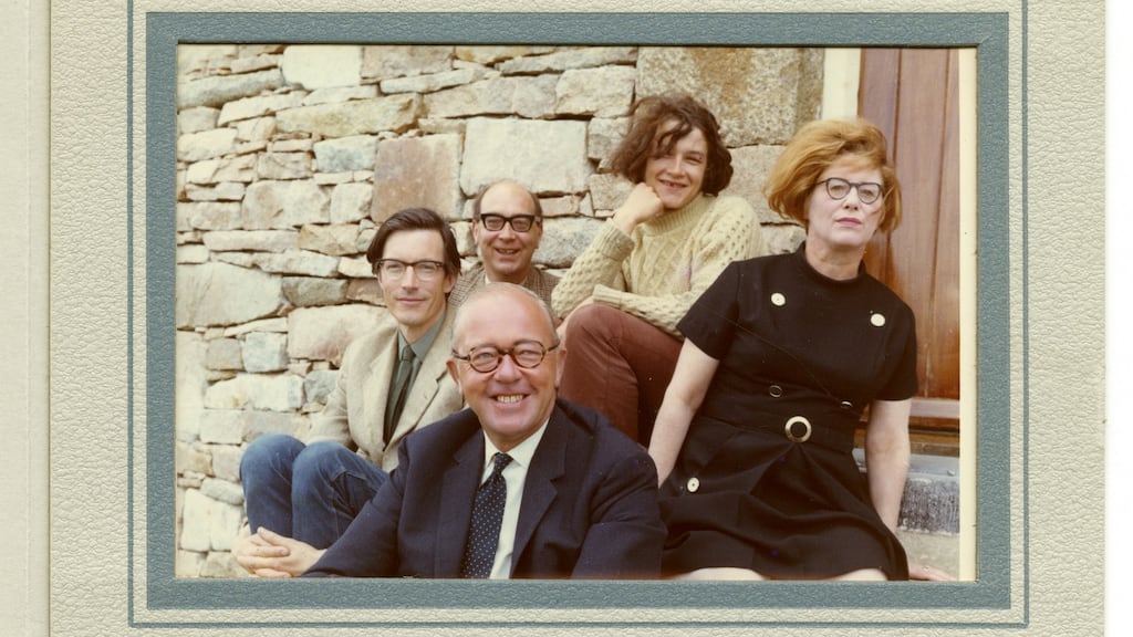August 1969, outside Richard Murphy’s renovated cottage near Westport, Co Mayo. Murphy is on the left, beside Philip Larkin. Monica Jones, the poet’s muse and mistress,on the right. At the front is Charles Monteith of Faber, his publisher, and at the rear is Emily Murphy, daughter from Murphy’s marriage to Patsy Strang, now dissolved