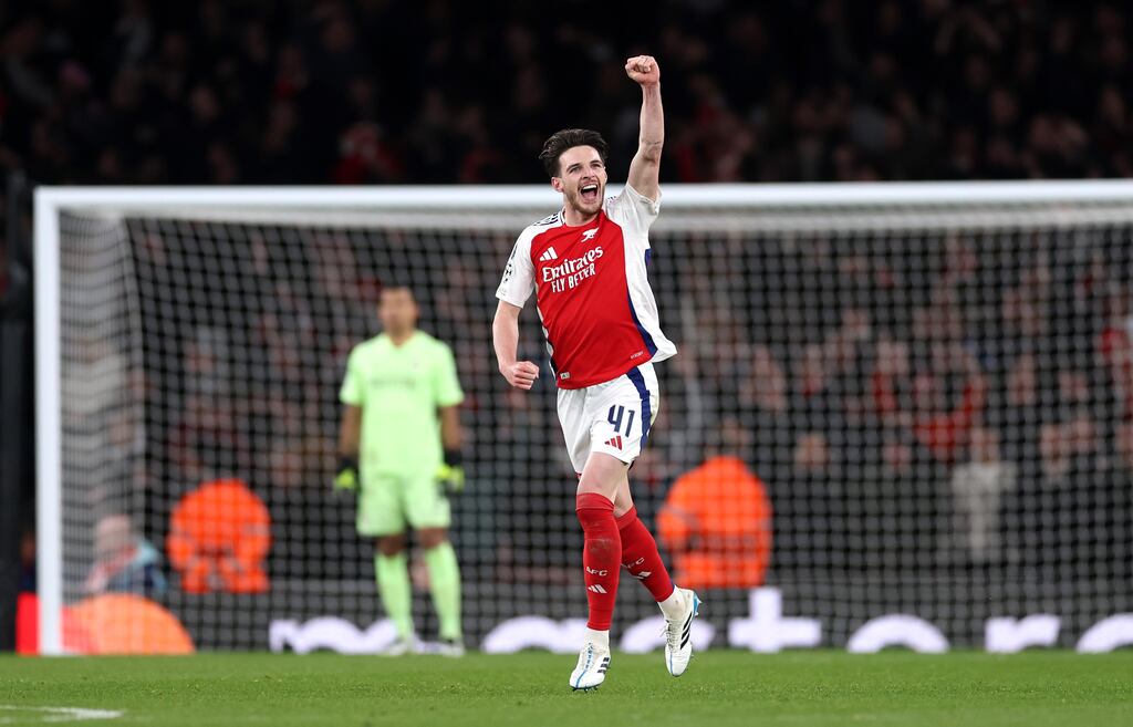 Declan Rice celebrates scoring Arsenal's second goal. Photograph: Ryan Pierse/Getty Images