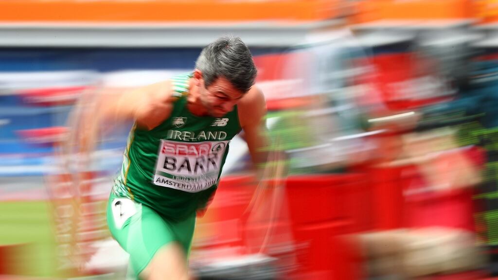 Thomas Barr of Ireland during Thursday’s 400m hurdles semi-final at the European Championships at the Olympic Stadium in Amsterdam. Photograph: Dean Mouhtaropoulos/Getty.