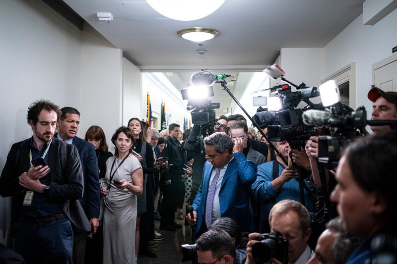 Reporters wait for a House ethics committee meeting to conclude on Capitol Hill in Washington, on Wednesday. Photograph: Haiyun Jiang/New York Times