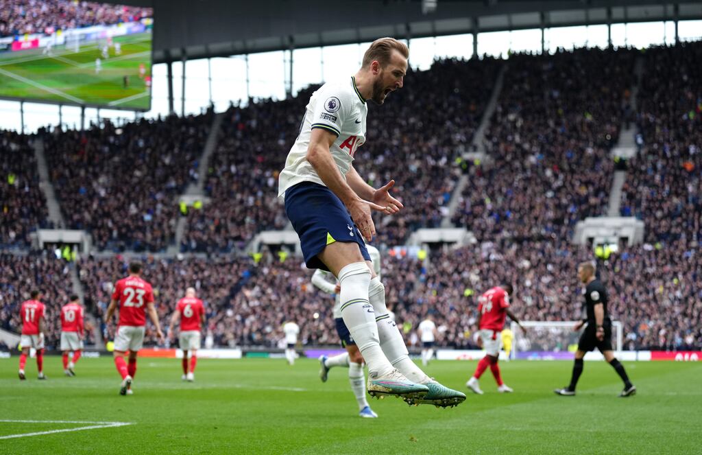 Tottenham Hotspur's Harry Kane celebrates scoring against Nottingham Forest on Saturday afternoon. Photograph: PA
