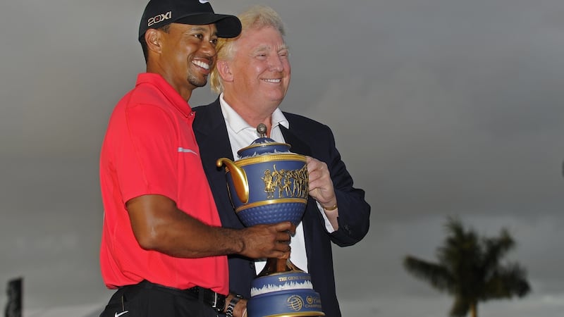 Tiger Woods with Donald Trump. By enabling his childish fantasies with a club in his hand, golfers are propping up his sinister administration, humanising the hatred he espouses and normalising the abnormal. Photograph: Chris Condon /PGA Tour