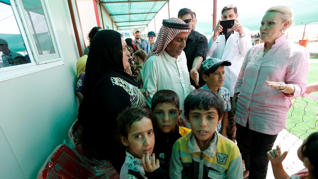 UN humanitarian co-ordinator in Iraq Lise Grande visits at a refugee camp in Ameriyat Falluja, south of Falluja, Iraq. Photograph: Thaier Al-Sudani/Reuters