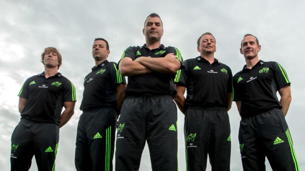 Munster’s new home grown coaching team: Scrum coach Jerry Flannery, assistant coach (attacking/backs) Brian Walsh, head coach Anthony Foley, technical advisor/ Munster A head coach Mick O’Driscoll and assistant coach (skills and defence) Ian Costello. Photograph: James Crombie/Inpho