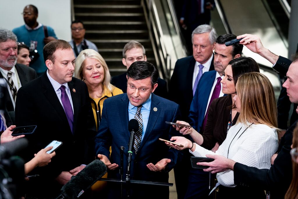 Louisiana Republican Mike Johnson speaks to reporters during a break in the Senate impeachment trial of then president Donald Trump in Washington in January 2020. Photograph: Anna Moneymaker/New York Times