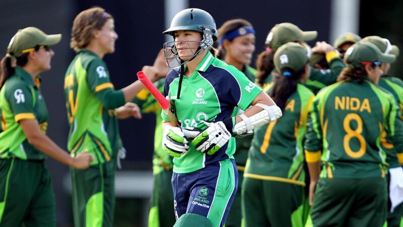 Ireland’s Clare Shillington looks dejected after being caught during the Women’s World Twenty20 Qualifier semi-final at Claremont Road. Photograph: Dan Sheridan/Inpho