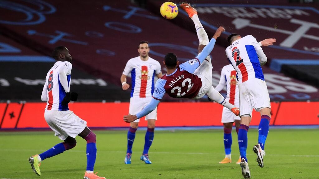 Sebastien Haller of West Ham  scores with an overhead kick during the Premier League match against  Crystal Palace at   London Stadium. Photograph: Adam Davy/Getty Images