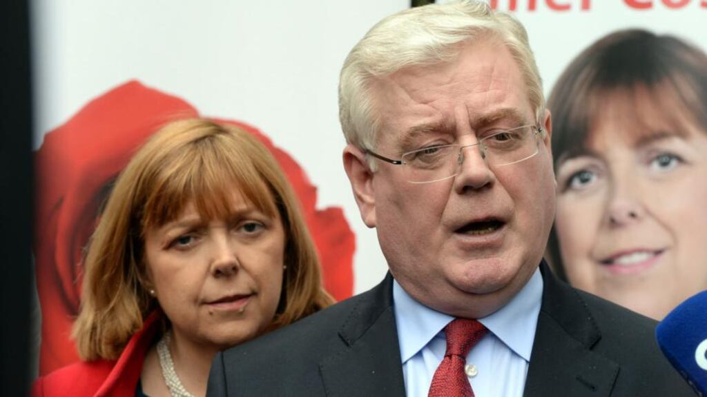 Labour Party leader Eamon Gilmore with European election candidate Emer Costello: the party’s candidates are beaten dockets in the three Euro constituencies. Photograph: Cyril Byrne