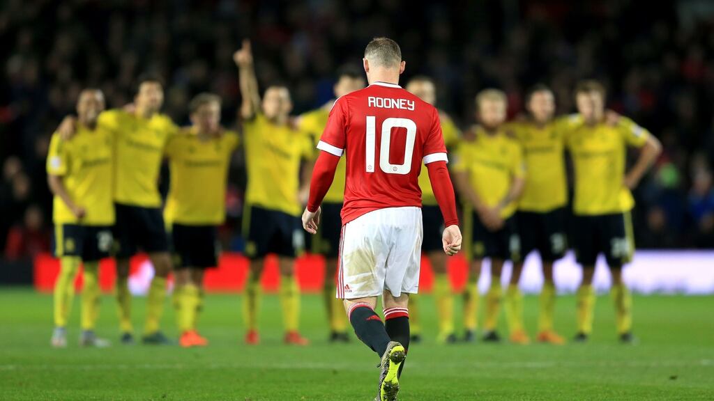 Wayne Rooney missed from the spot as Middlesbrough knocked Manchester United out of the League Cup on penalties at Old Trafford. Photograph: PA