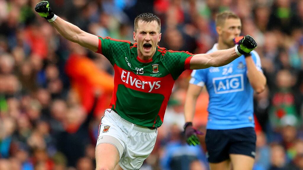 Mayo’s Cillian O’Connor celebrates scoring the equalising point late in injury time during the All-Ireland Senior Football Championship final between Dublin and Mayo. Photo: James Crombie/Inpho