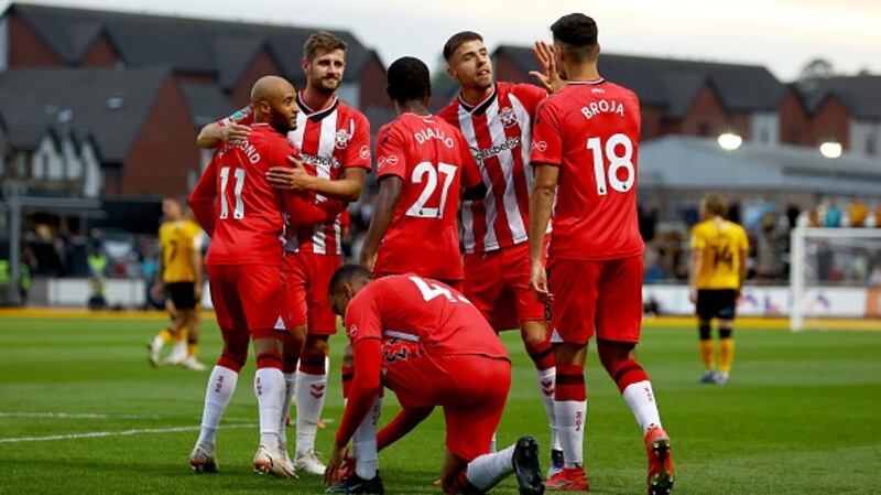 Southampton players after scoring against Newport County at Rodney Parade. Photograph: Matt Watson/Getty Images
