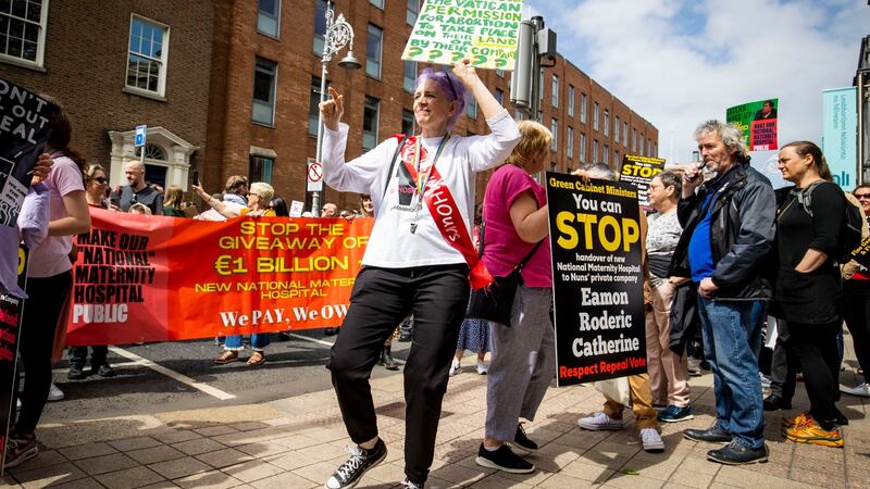 Protesters demand that the new National Maternity Hospital should not be handed over to a ‘nuns’ private company’, during a rally outside the Dáil at Kildare Street, Dublin, on Saturday. Photograph: Tom Honan