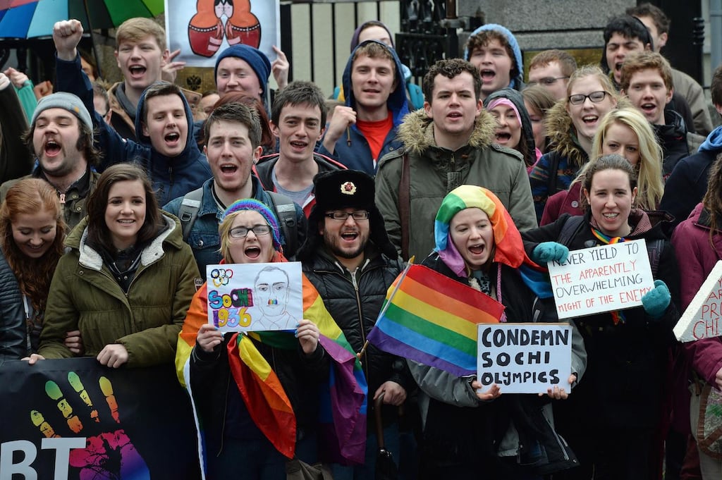 Protesters outside the Russian embassy in Dublin yesterday seeking to show solidarity with Russia’s LGBTQ community. Photograph: Eric Luke/The Irish Times