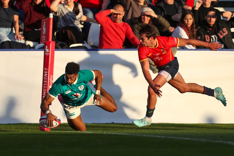 Ireland's Robert Baloucoune scores a try. Photograph: Martin Seras Lima/Inpho