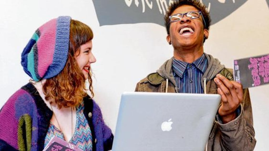Éadaoin Barrett and Jerry Iwu both from Newbridge, Co Kildare, at the launch of Safer Internet Day yesterday. photograph: dara mac dónaill