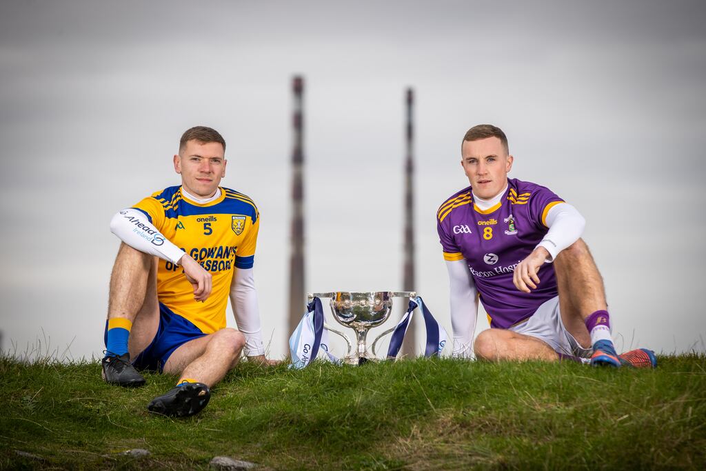Shane Cunningham of Kilmacud Crokes and Alastair Fitzgerald of Na Fianna ahead of Sunday’s Dublin Senior Football Championship final in Parnell Park. Photograph: Morgan Treacy/Inpho