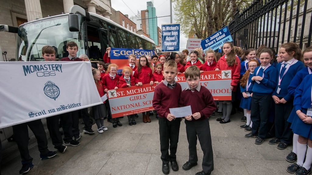 Children from five schools in Tipperary gather at the Department of Education to hand a letter in to Minister for Education Richard Bruton. Photograph: Brenda Fitzsimons