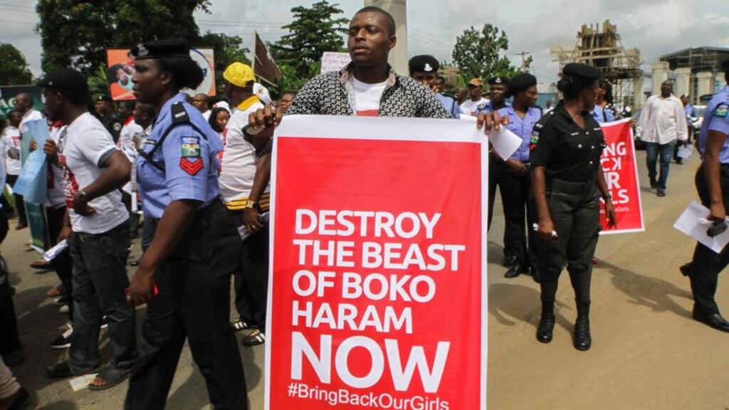Nigerians protest over the government’s failure to rescue the abducted Chibok school girls in Port Harcourt today. Photograph: EPA