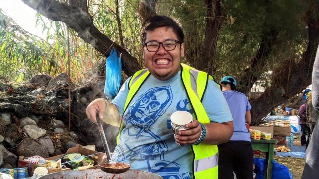 The “Volunteer Cook”: Rayyan Haries (26) from Malaysia gives food to thousands of migrants from his makeshift soup kitchen just yards from the beach in Lesbos