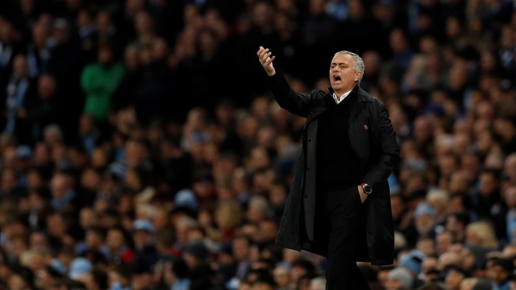 Manchester United manager Jose Mourinho on the sidelines during the Premier League game against Manchester City at the  Etihad stadium. Photograph: Darren Staples/Reuters