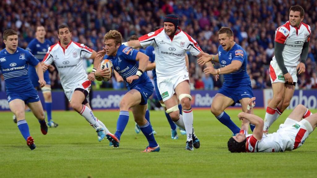 Ian Madigan bursts past Dan Touhy to score the only try against Ulster in the Pro12 semi-final against Ulster on Saturday evening. Photograph: Cyril Byrne/THE IRISH TIMES
