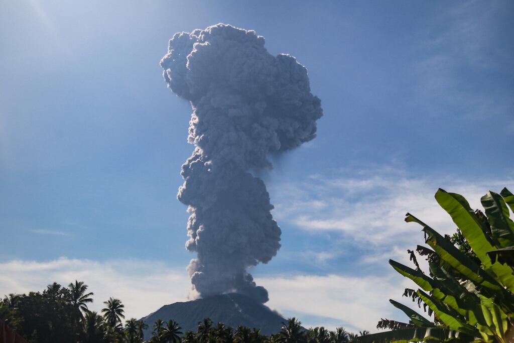 Mount Ibu spews thick smoke in Gam Ici, North Maluku, on May 13th, 2024 after authorities raised its alert level to the second-highest last week. Photograph: Getty Images