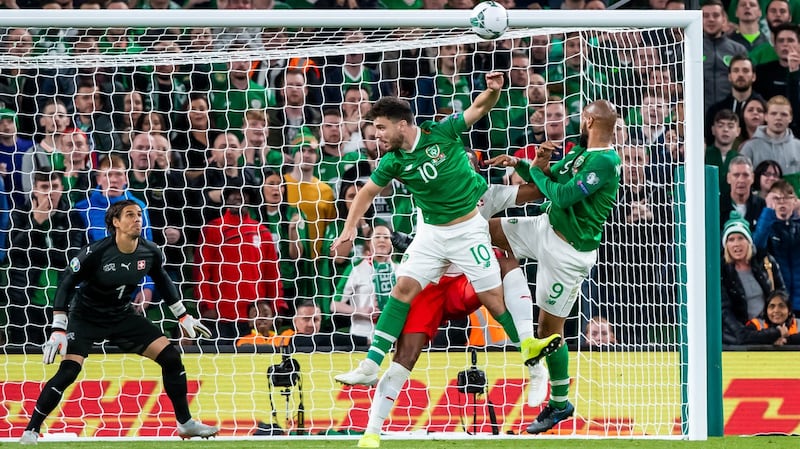 David McGoldrick scores the equaliser for Ireland against Switzerland. Photo: Morgan Treacy/Inpho
