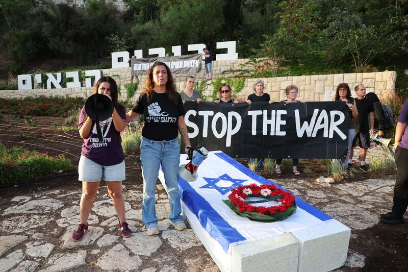 Protesters in Jerusalem take part in a demonstration calling on the Israeli government to sign a hostage-release and ceasefire deal. Photograph: EPA