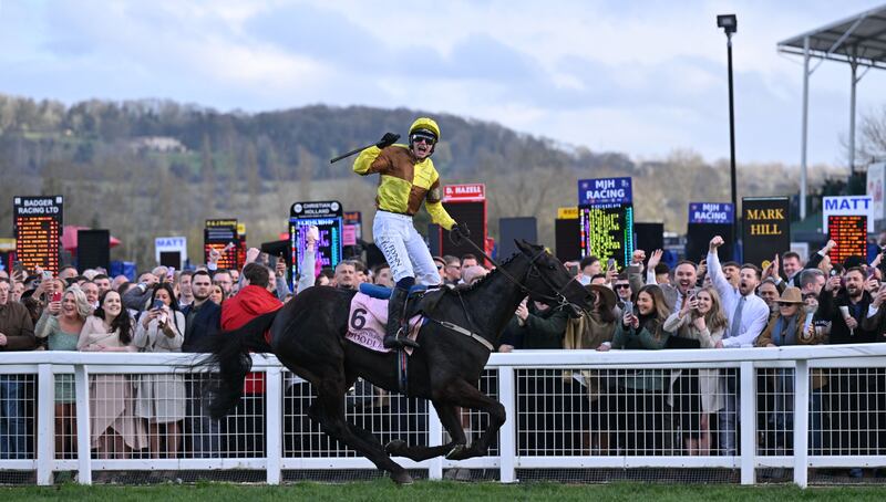Paul Townend celebrates on Galopin Des Champs after winning the Cheltenham Gold Cup. Photograph: Glyn Kirk/AFP via Getty Images