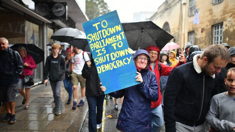 Protesters in Bristol take part in a demonstration against prime minister Boris Johnson’s decision to suspend parliament for up to five weeks in the weeks before Brexit. Photograph: PA