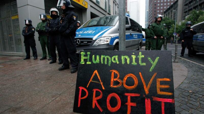 Riot police stand guard during the anti-capitalist “Blockupy” demonstration in Frankfurt today. Photograph: REUTERS/Ralph Orlowski