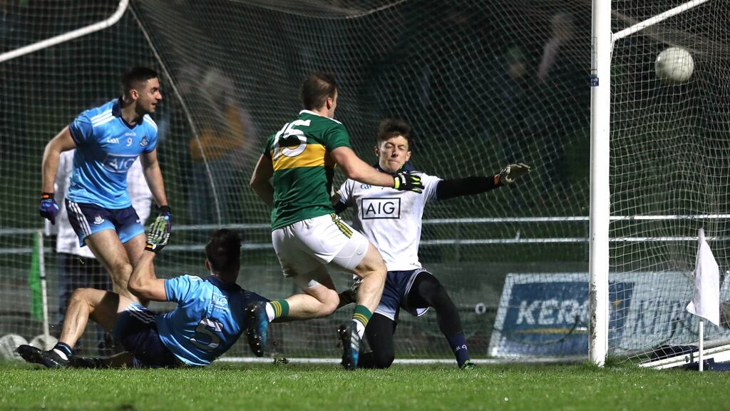 Kerry’s Stephen O’Brien scores a goal in Tralee. Photograph: Lorraine O’Sullivan/Inpho