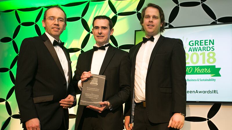 Cormac Mannion, Energy Services Manager, Energia presents The Excellence in Water Achievement award to Ken Stockil, Central Solutions & Barry O’Donovan, ABP Food Group